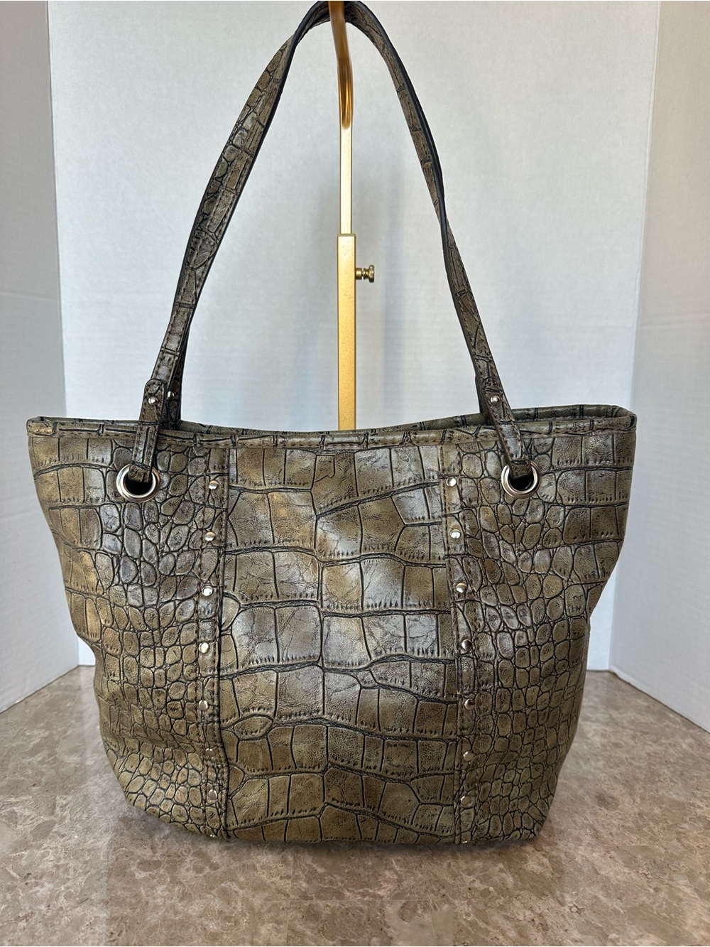Relic by Fossil Olive Green Tan Croc Embossed Vegan Leather Shoulder Bag Tote